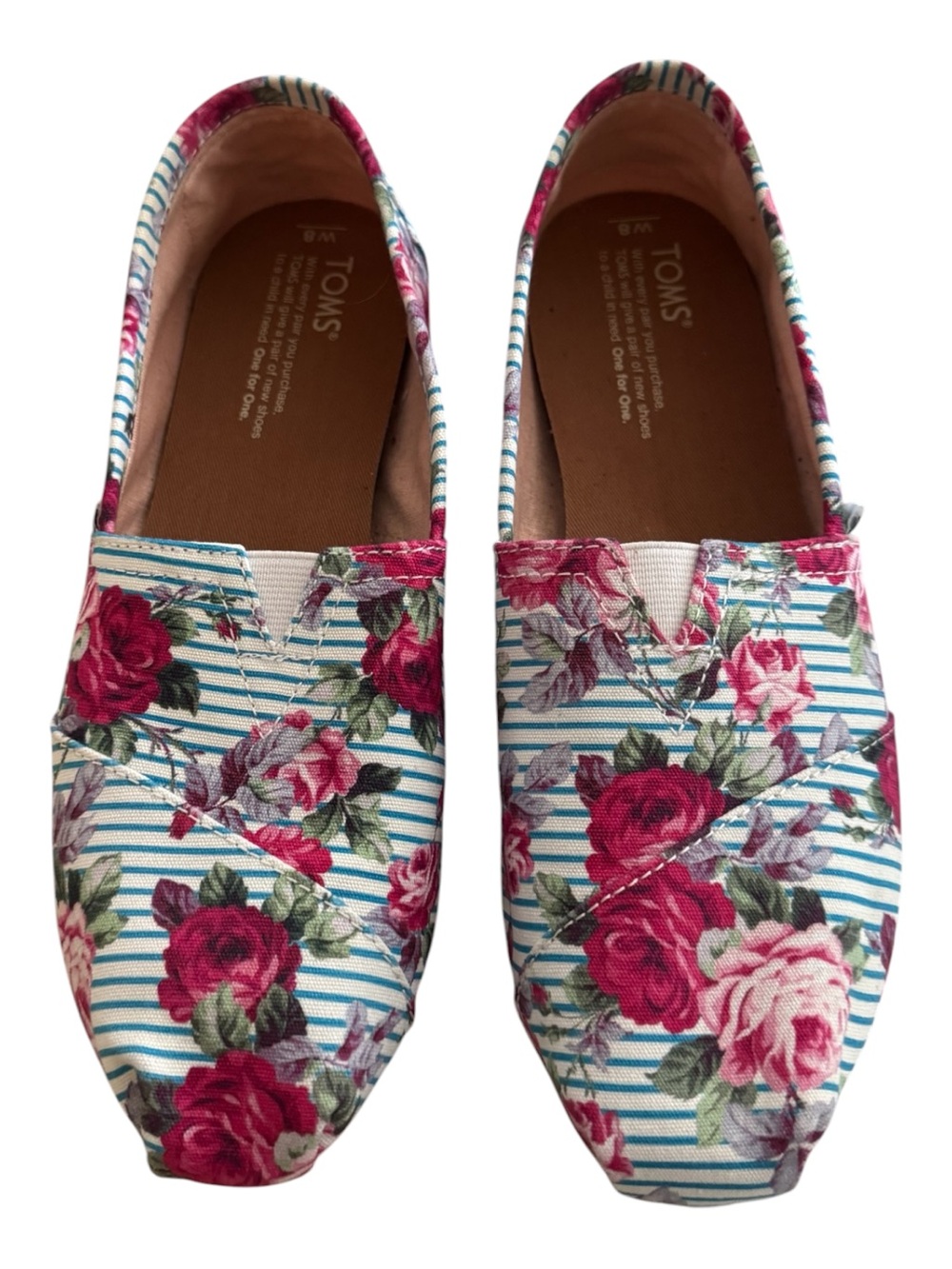 TOMS Alpargata Classic Slip On Shoes Floral Striped Pink Rose Light Blue Multi